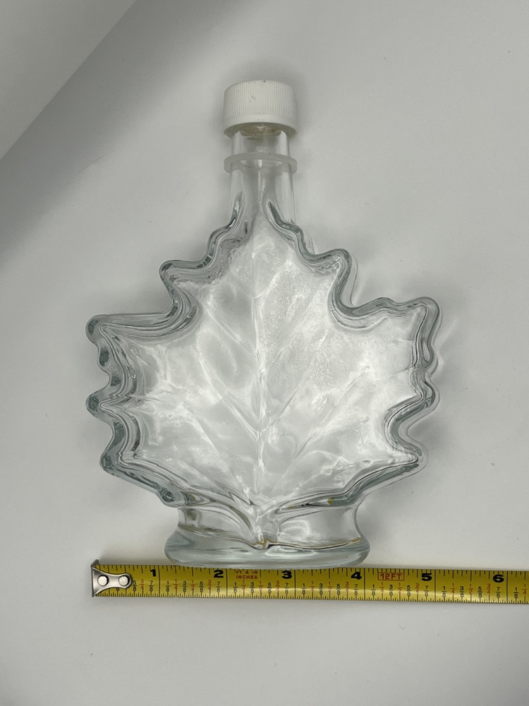Maple Leaf Shape Clear Glass Syrup Bottle w/Top Cap Lid Front Embossed Jar Empty