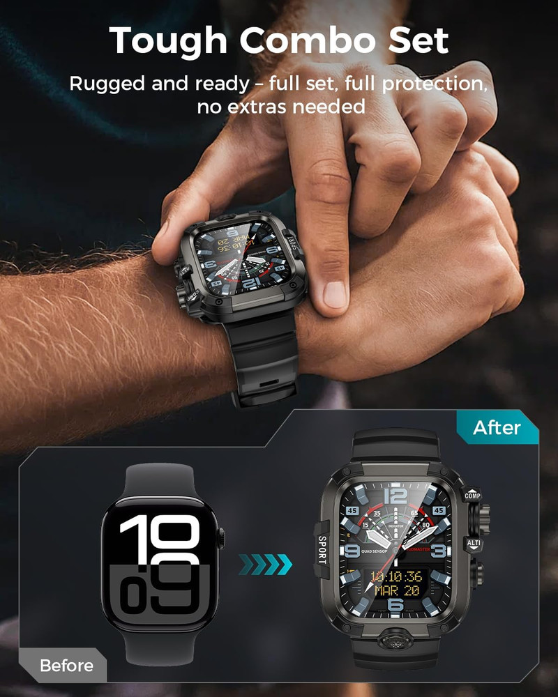 Goton Rugged Case and Band Kit with Screen Protector for Apple Watch 46mm, Compa