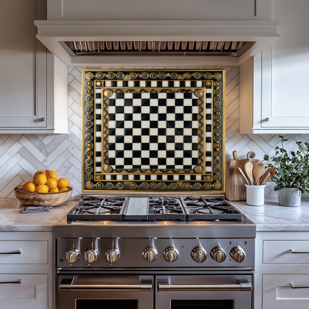 Ottoman Pattern on Marble Print Background Glass Backsplash for Kitchen Stove