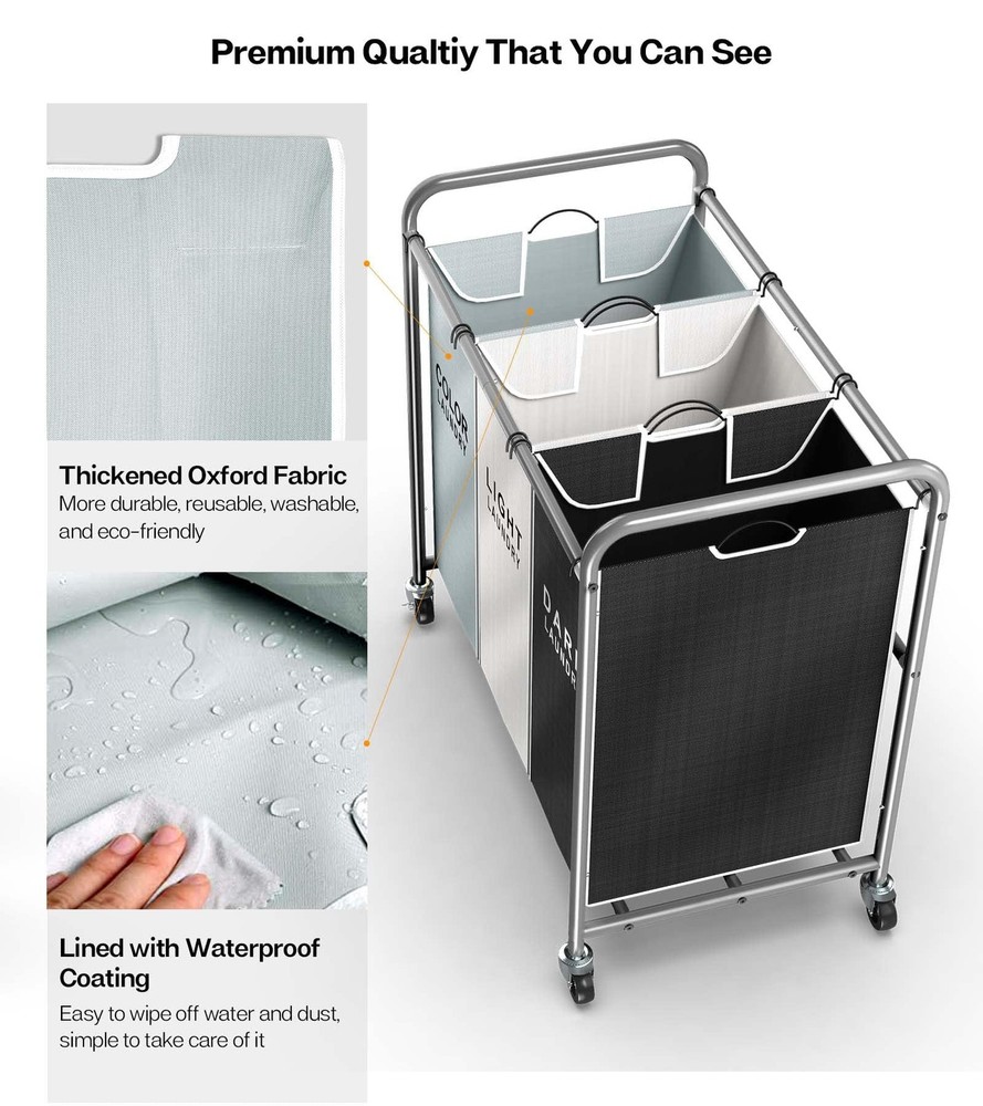 ROMOON Laundry Sorter 3 Section, Separated Laundry Basket with Wheels, Rollin.