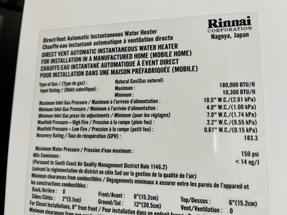 Rinnai V75iN Indoor Tankless Water Heater 180k BTU Natural Gas (B-29 #1640)