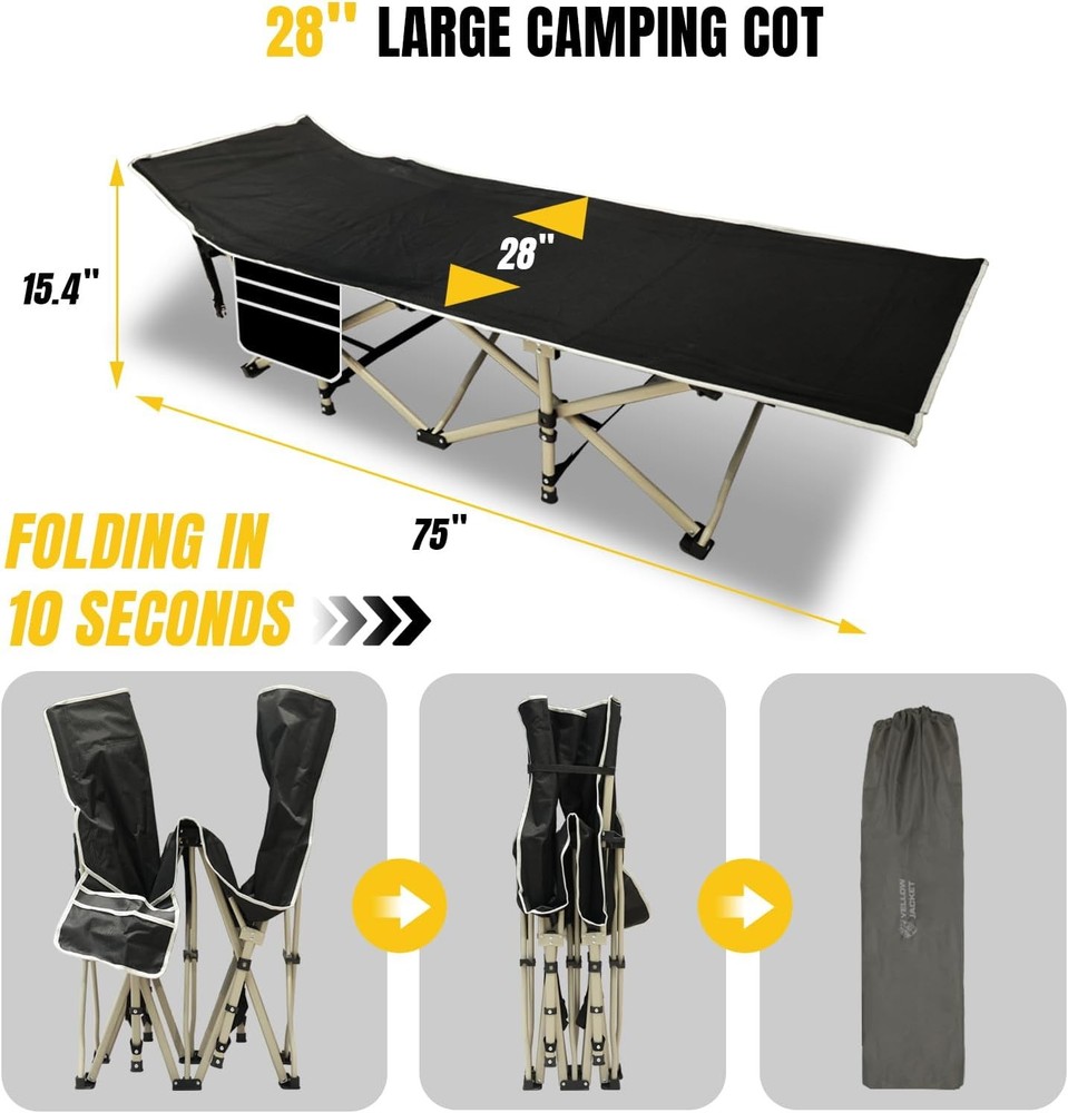 YELLOW JACKET Folding Camping Cot for Adults,600LBS Max Load,28" Wide Sleeping C