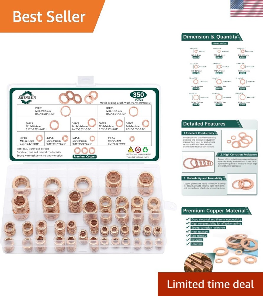 350 PCS Copper Sealing Washers Assortment – Reliable & Durable Solutions