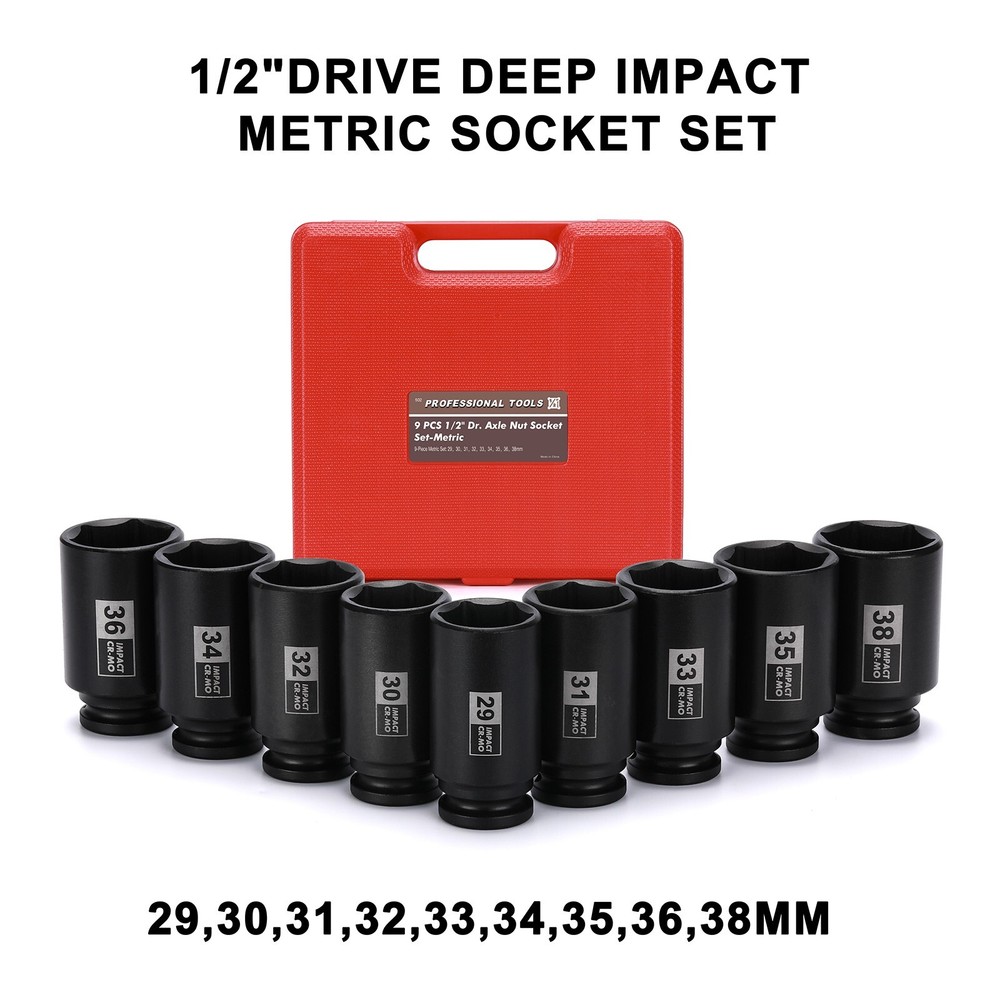 9PCS 1/2"Dr. Deep Spindle Axle Nut Impact Socket Set, CR-MO, Metric Large Socket