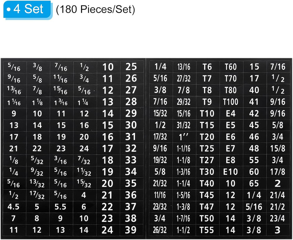 Tool Box Labels, 4 Set 180 Toolbox Decals Wrench Socket Size Stickers for Socket