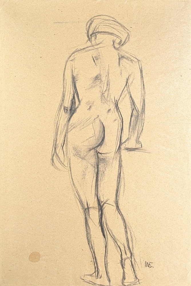 Walter Eck, standing back nude, drawing, autographed, 1965