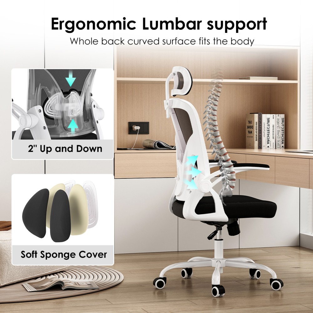High Back Mesh Office Chair, w/Lumbar Support & Headrest, ,White & Black