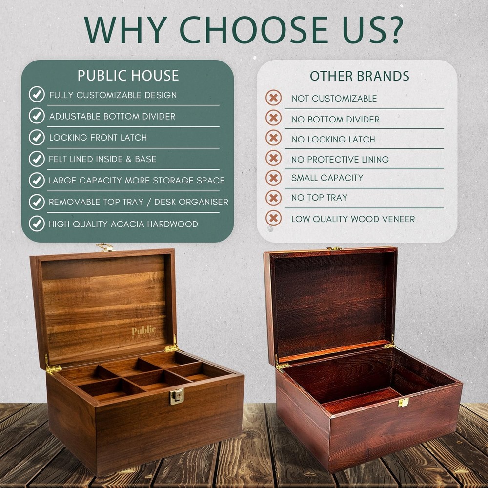 Public House Locking Wooden Keepsake Box, Customizable Design With Adjustable...