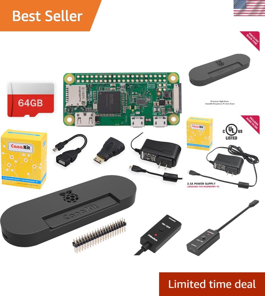 Raspberry Pi Zero W Wireless Starter Kit -  Case & 64GB MicroSD Edition