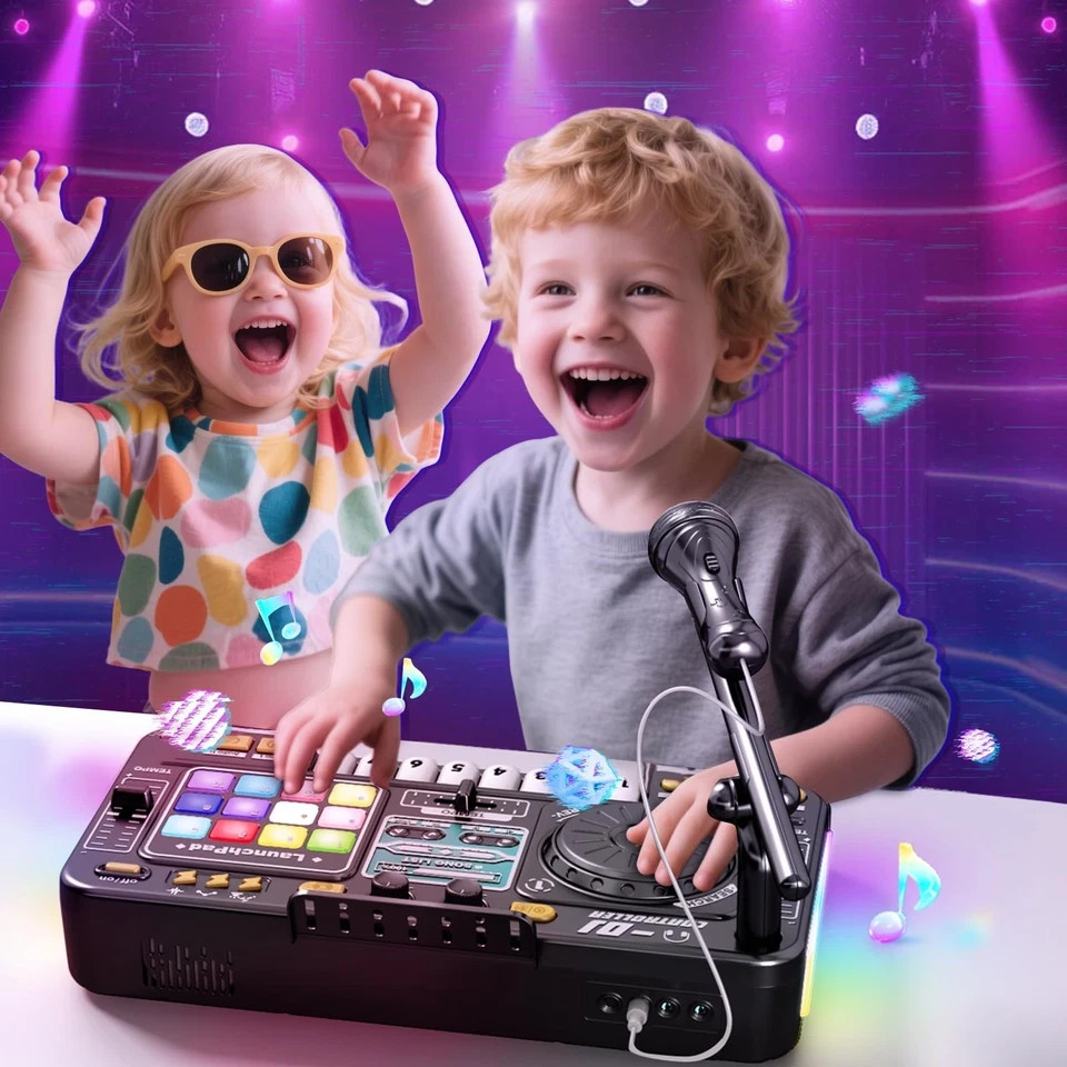 Kids DJ Mixer Controller with Bluetooth, LED Lights, Microphone - Birthday Gift