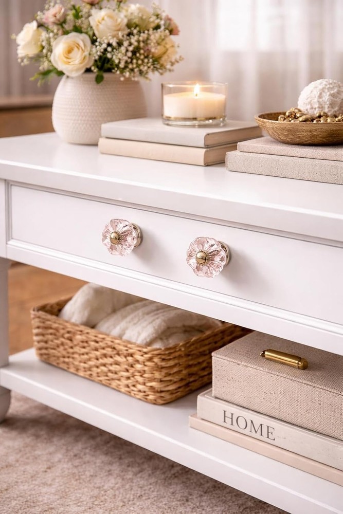 Pink Crystal Glass Cabinet Knobs – Decorative Drawer Pulls with Silver Met