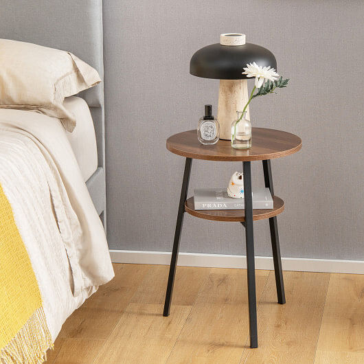 2-Tier Round End Table Set of 2 with Open Shelf and Triangular Metal Frame-Walnu