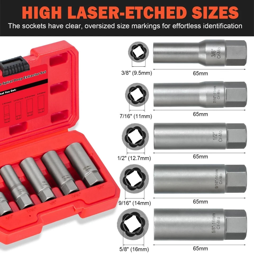 5PCS Deep Bolt Extractor Kit, Easy Out Spark Plug Socket Set, Ez...