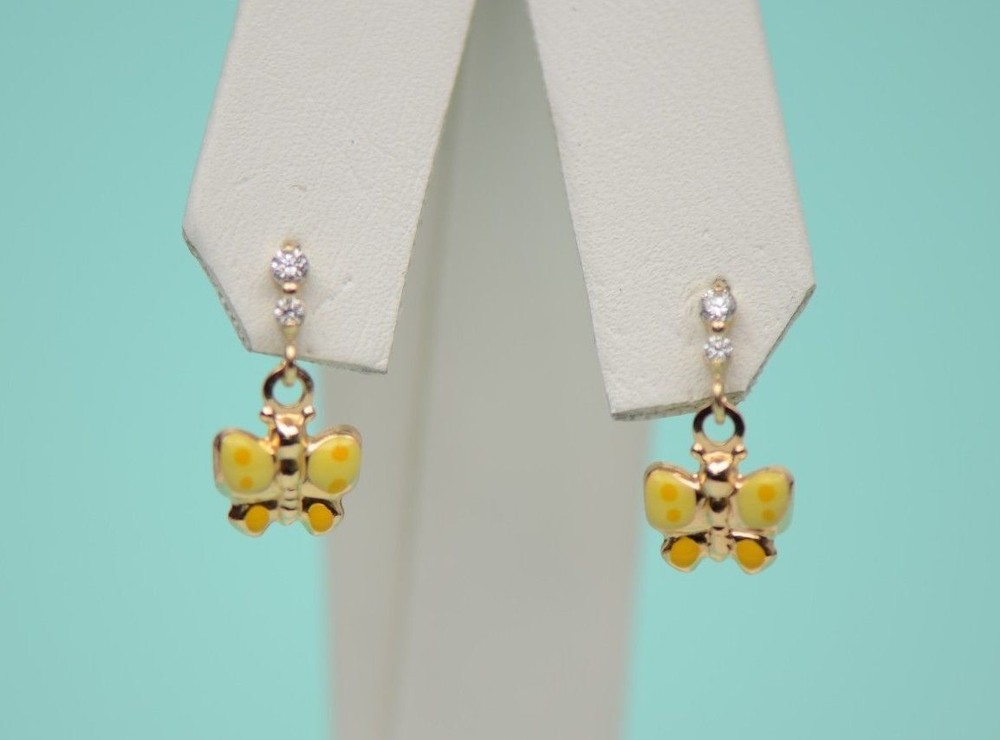 14K Solid Yellow Gold Butterfly Dangle Earring with Enamel