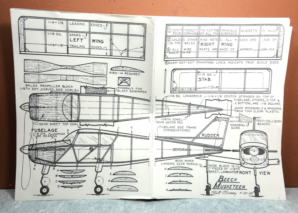 BEECH MUSKETEER BALSA FREE FLIGHT MODEL AIRPLANE PLANS 16" WINGSPAN
