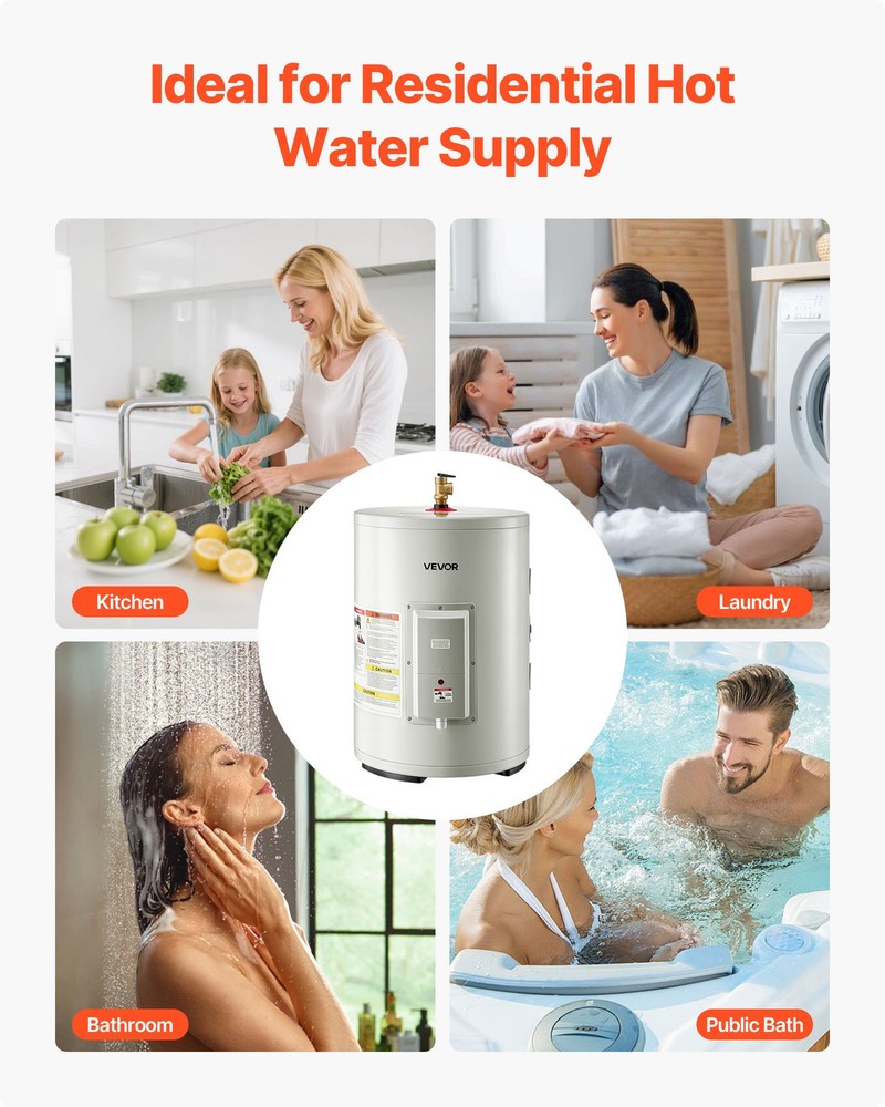 VEVOR 12 Gal Electric Tank Hot Water Heater 1600W 120V Point of Use T&P Valve