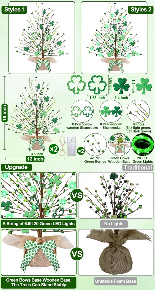 2 Pack 18 Inch Lighted St. Patrick's Day Tree Tabletop Decorations 20 Green Ligh
