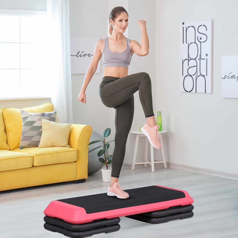 Aerobic Exercise Step Platform with 4''-6''-8'' Adjustable Risers Indoor Pink