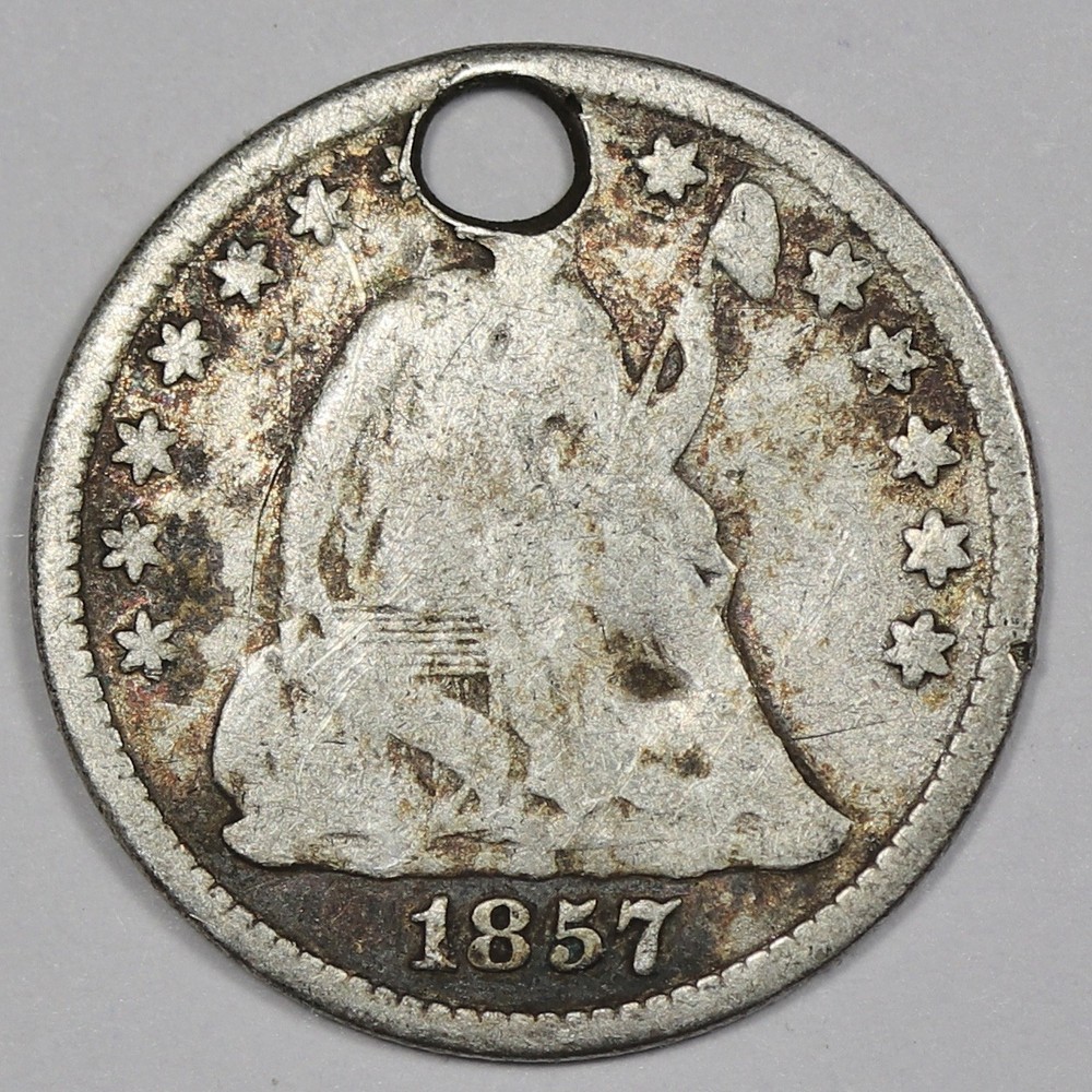 1857 Seated Liberty Half Dime.  Holed.  212664