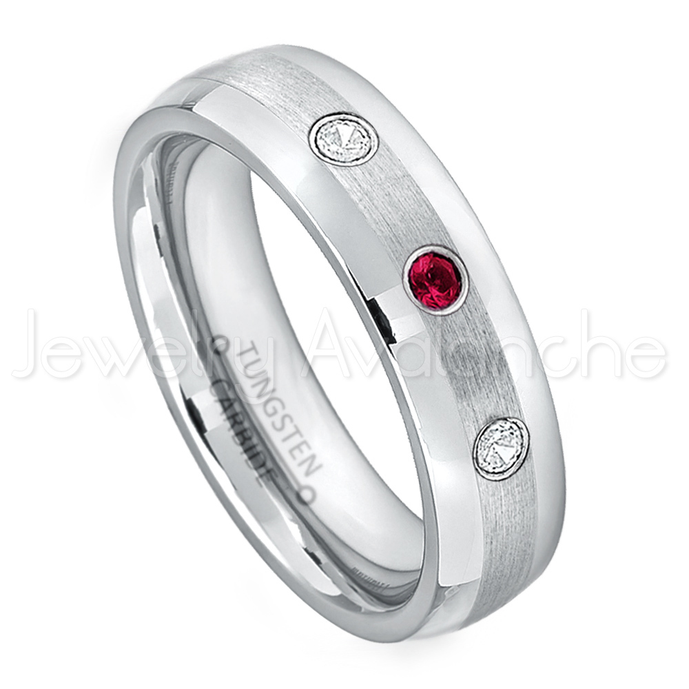 0.21ctw Ruby & Diamond 3-Stone Ring, July Birthstone Ring, Tungsten Ring #006