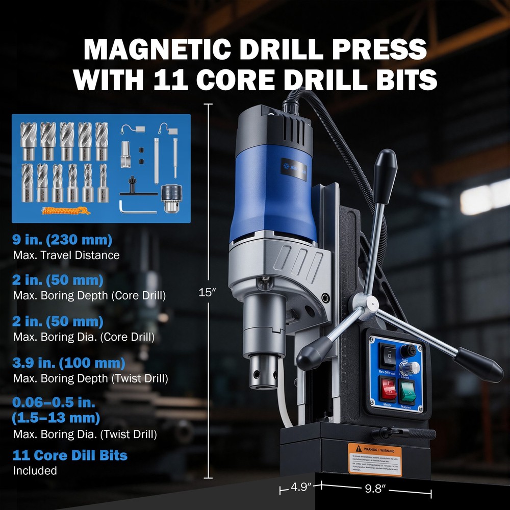 1550W Electric Magnetic Drill Press Rotating Base w. 11 Bits Forward/Reverse US