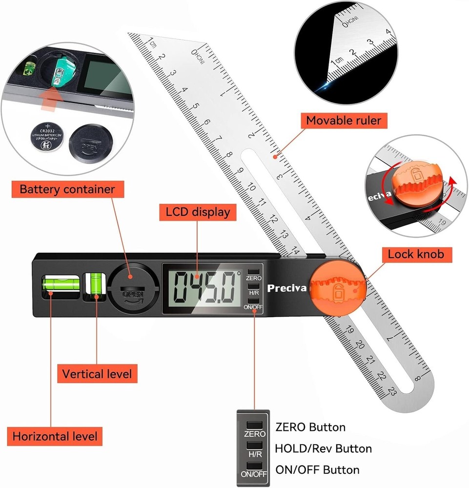 Digital Angle Finder Protractor, Preciva Digital Protractor 7 inch / 400mm St...