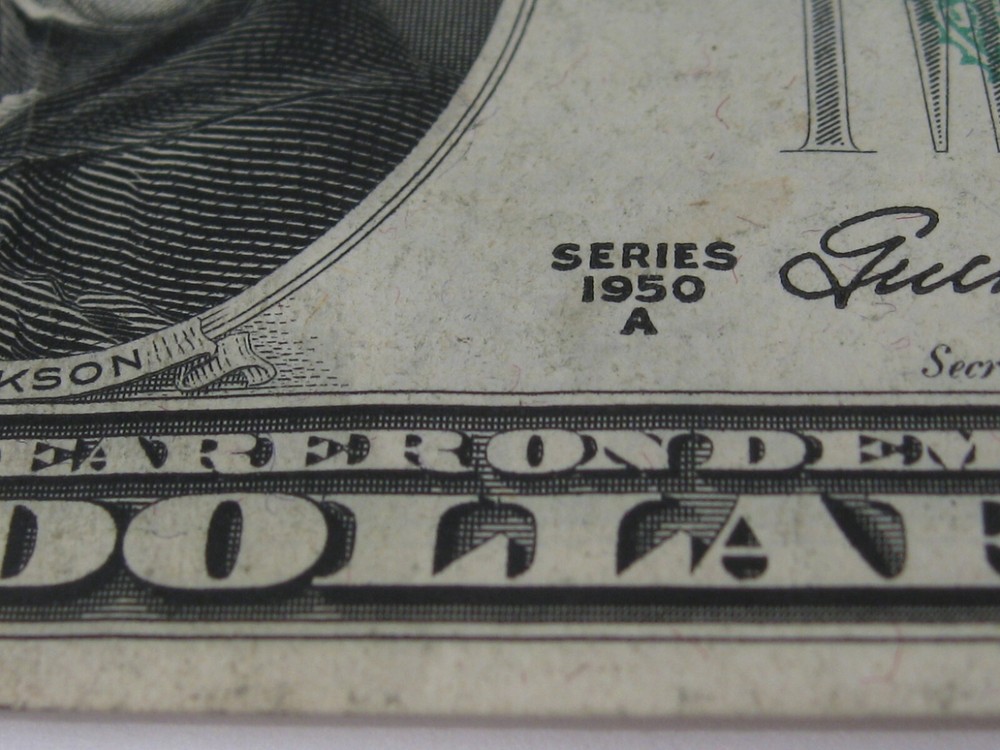 ERROR Note:1950-A $20 FRN w/ Missing Serial Numbers - Print over Foreign Object.