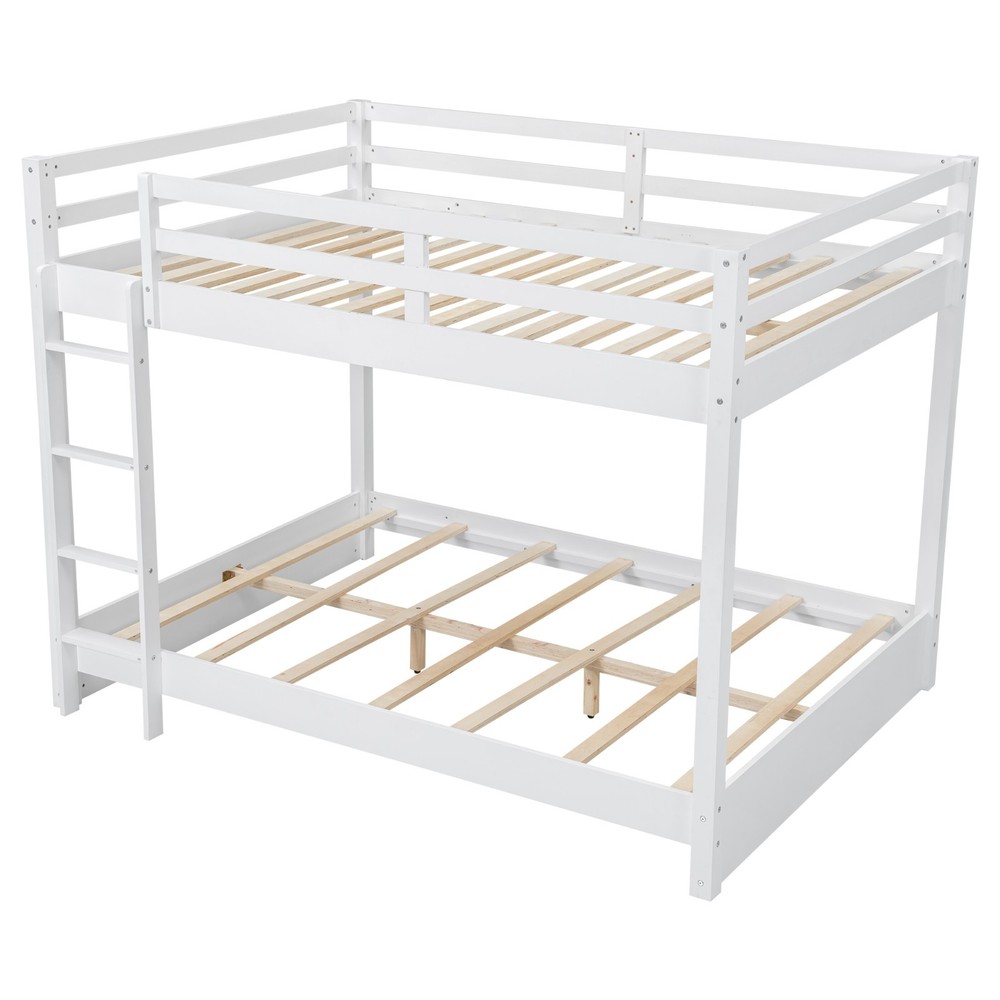 Wood Queen Size Bunk Bed with Ladder White Space-Saving Easy Assembly Bedroom