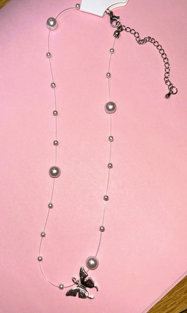 Pearl Link Silver Butterfly Necklace