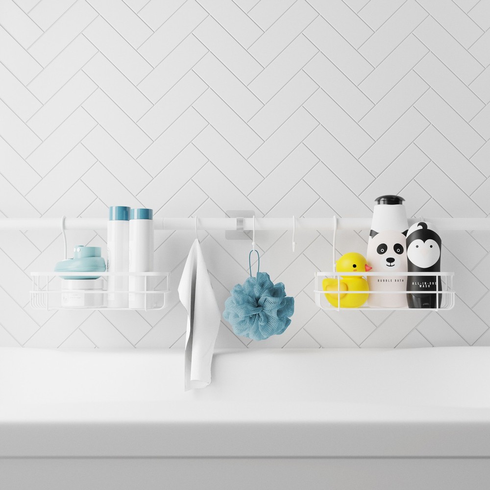 Tension Rod Bath Organizer Pole Caddy No Tools 4.85 6 Ft. Rust Resistant White