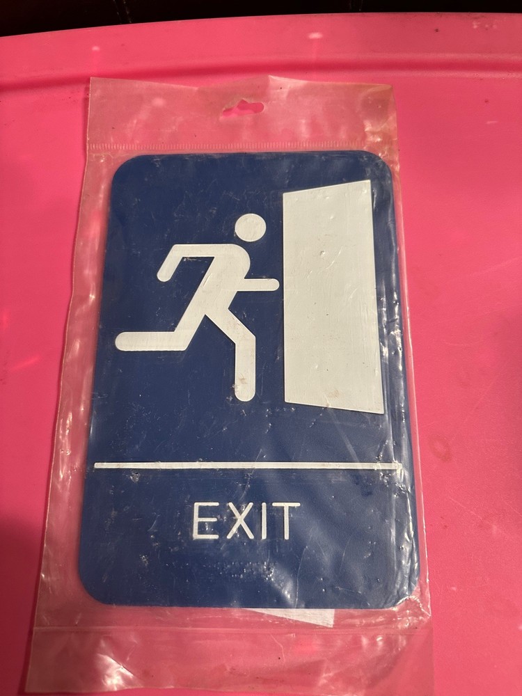 Blue & White ADA Exit Sign with Braille 9" X 6" Plastic W Mounting Tape