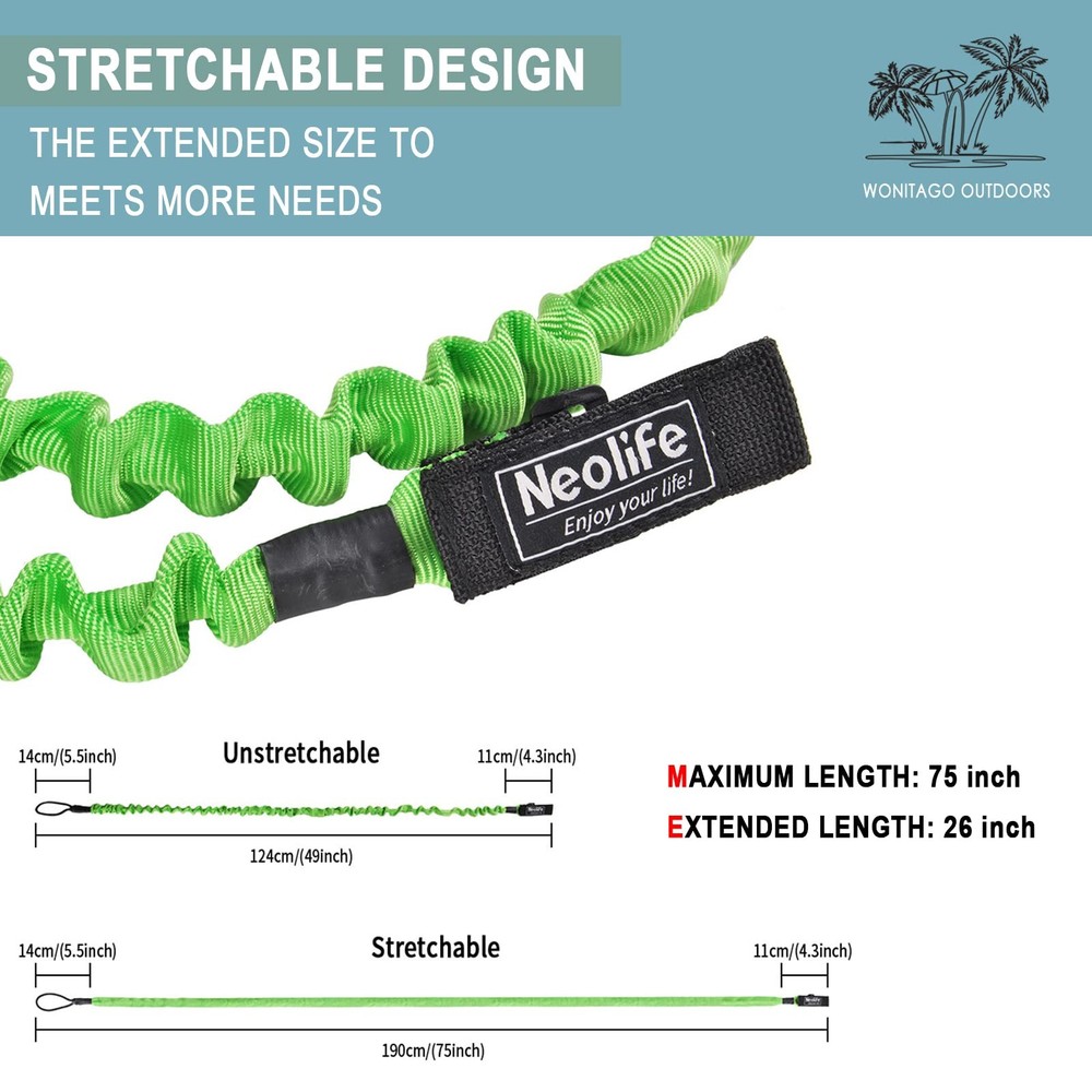 WONITAGO Stretchable Kayak Paddle Leash, Coiled Rod 49-75"(1 Pack), Green