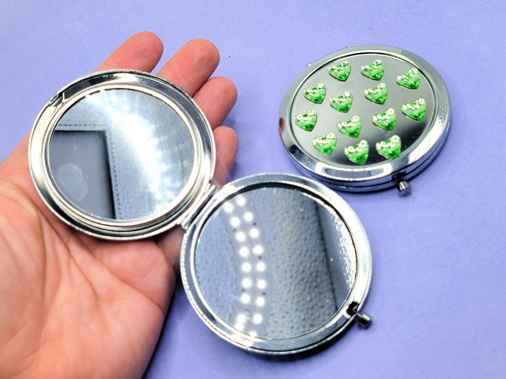 Uranium Glass Mirror Compact Green Heart Silver