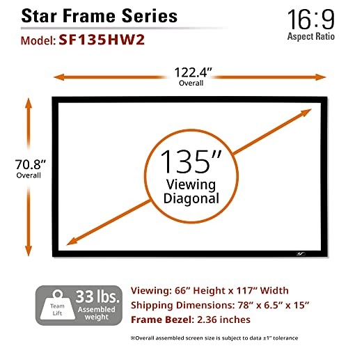 135" Fixed Frame Projector Screen, 135" Diagonal, 16:9 Cinewhite Star Frame