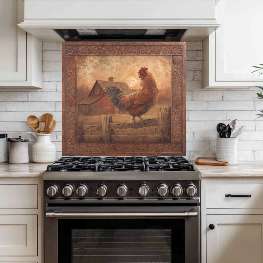 Copper Embossed Look Mediterranean Rooster Glass Backsplash • Rustic Kitchen
