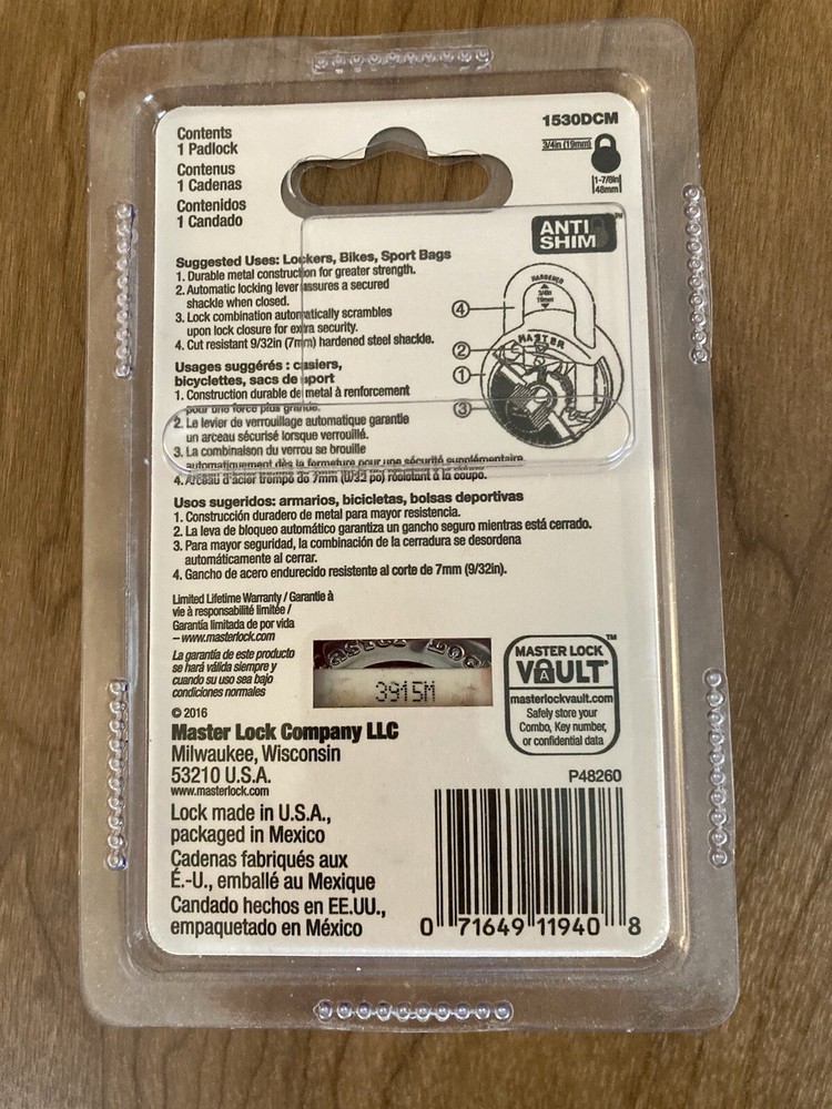 Master Lock Combination Padlock Anti-Shim Blue 1530DCM *New*