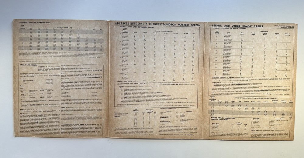 Dungeon Masters Screen (For Advanced D&D Game) 1981 TSR Games 9024 2-tri panel