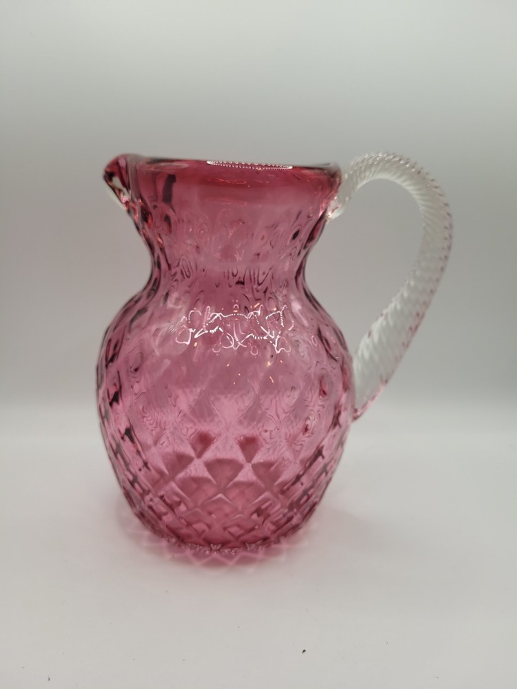 Cranberry Art Glass Pitcher Diamond Pattern With Applied Clear Handle