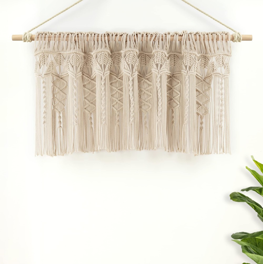Boho Macrame Textured Cotton Valance, 50" W x 20" L, Neutral - Boho Kitchen C...