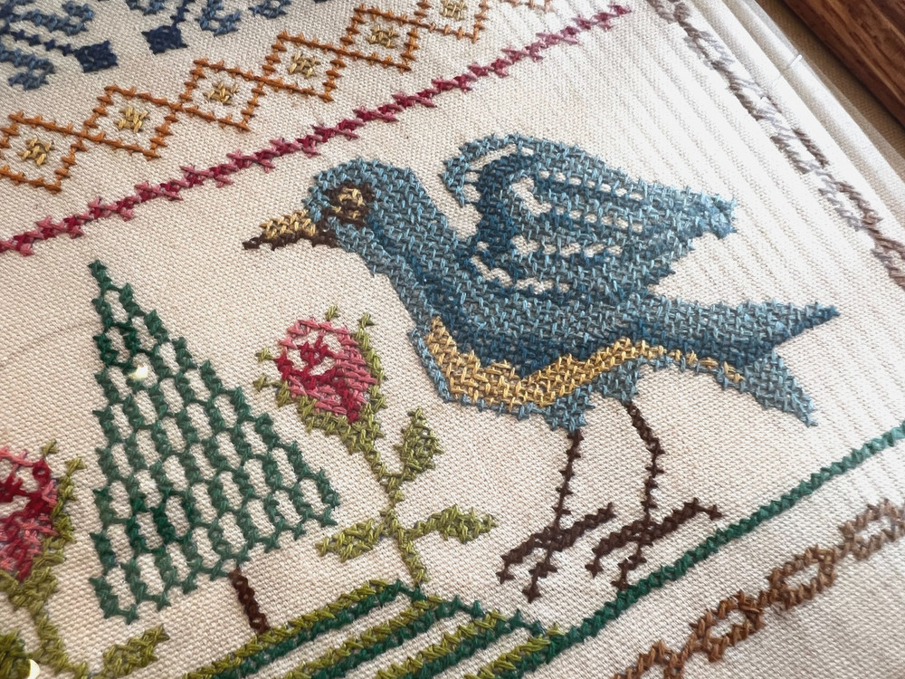 Vint Finished Completed Framed Cross Stitch Colonial Sampler Needlepoint Linen