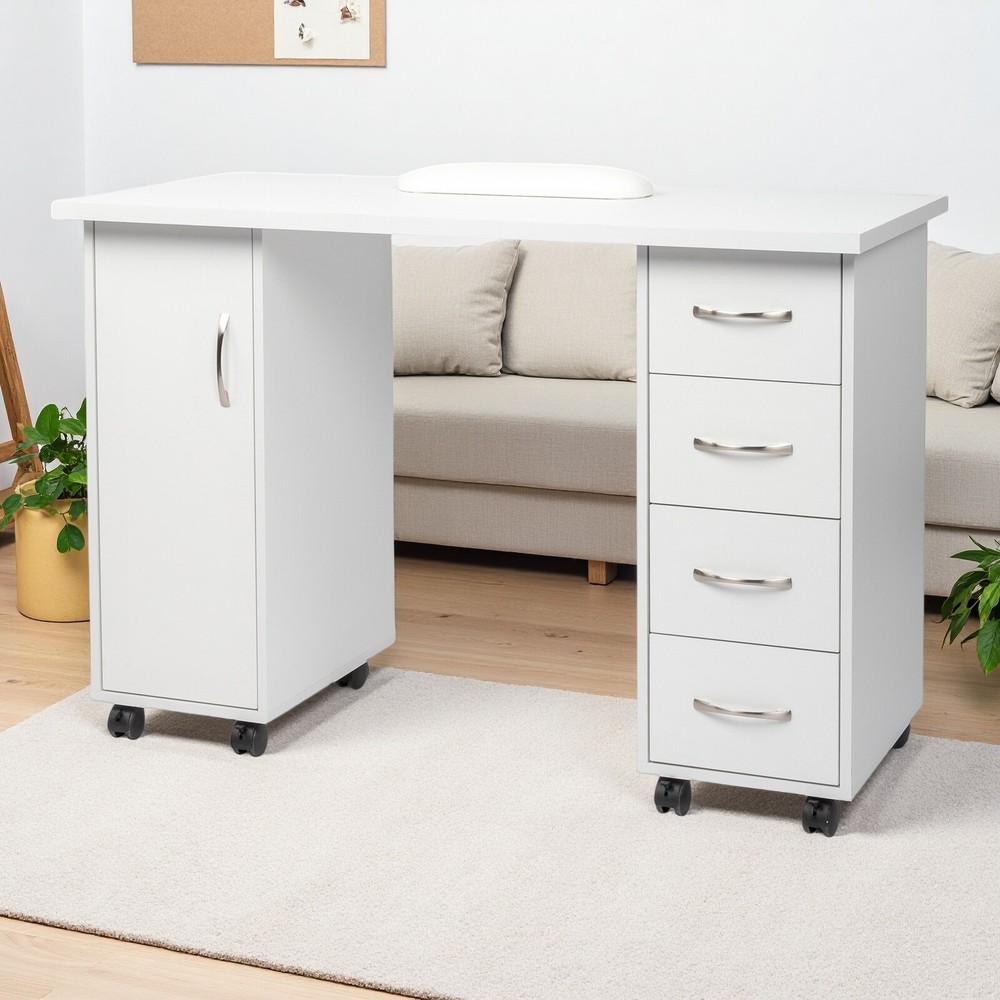 Rolling Computer Desk - White, 4-Drawer, Shelves Storage & MDF ​Nail Table​