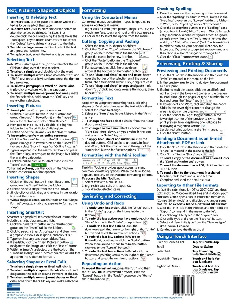 Microsoft Office 2021 & 365 Training Guide Quick Reference Page Cheat Sheet