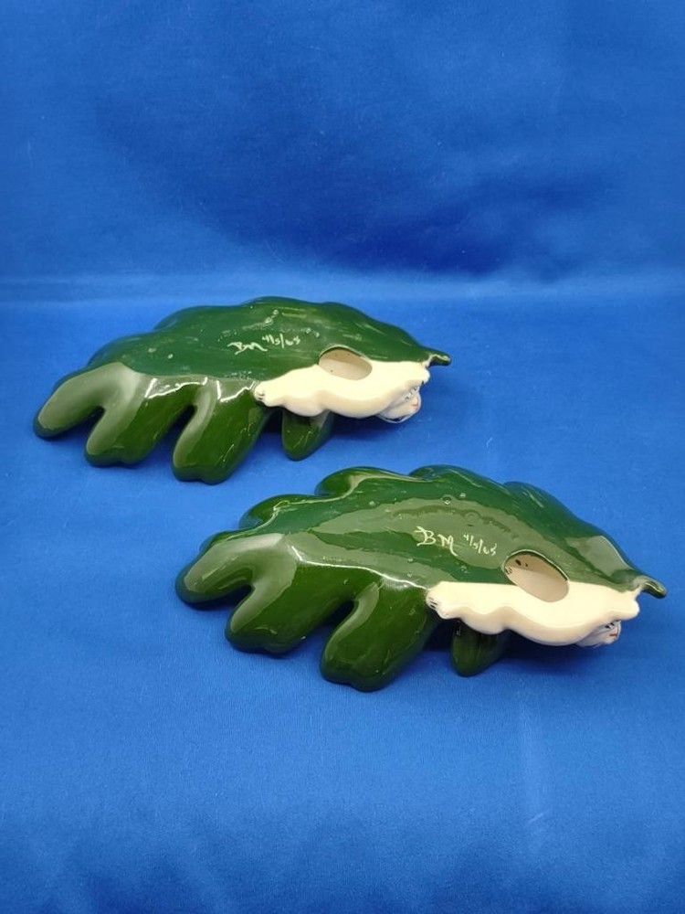 Vtg Atlantic Mold Set 2 Ceramic White Bunny Leaf Trinket Candy Dishes Easter '65