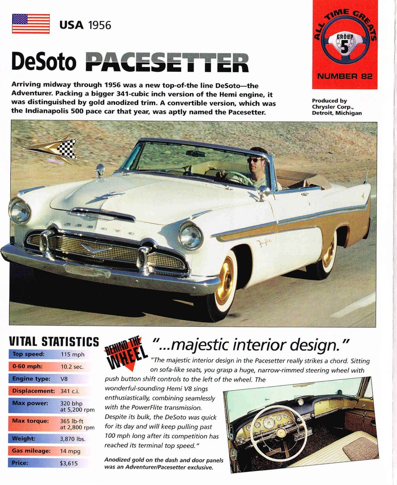 1956 DeSoto PACESETTER SPEC SHEET / Brochure / Catalog