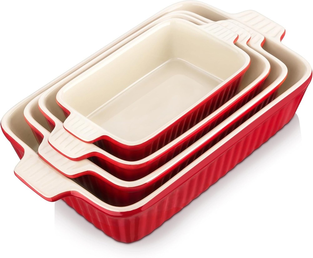 Rectangular Baking Pans Set for Casseroles, 4 Sizes, Red
