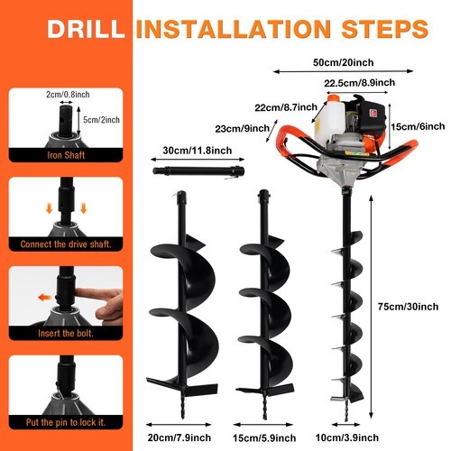 2-Stroke 52CC Earth Auger Gas Powered One Man Post Hole Digger Machine& 3pc Bit