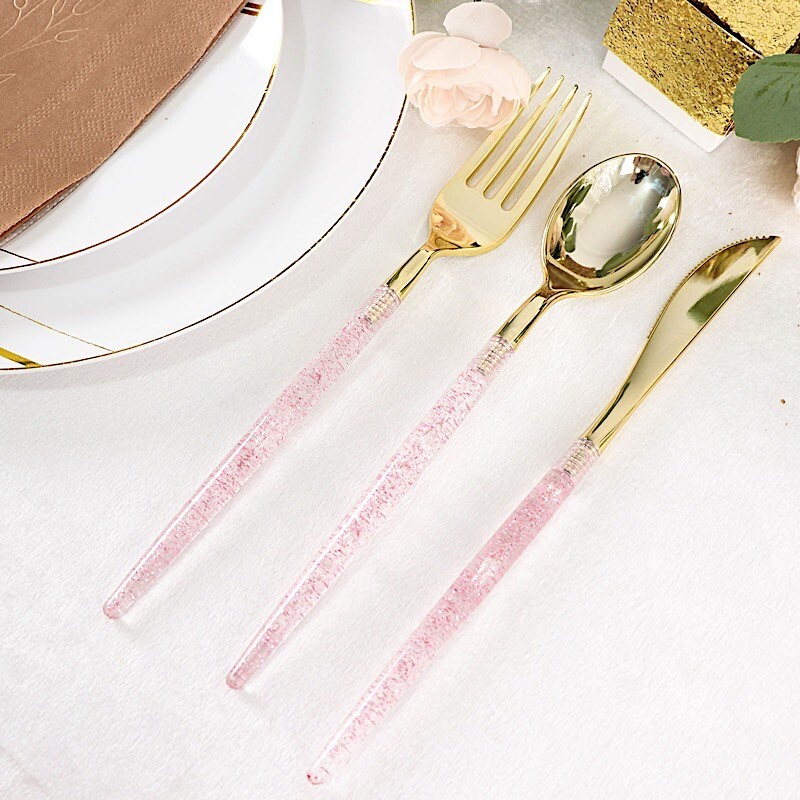 24 Disposable Plastic Cutlery Gold Glittered Handle Wedding Events