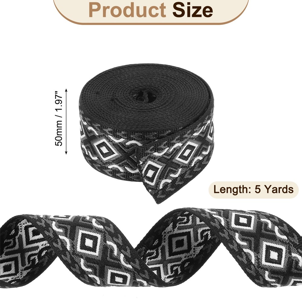 5Yards Cotton Webbing Strap 50mm Jacquard Webbing Purse Strap, Black-Gray-White