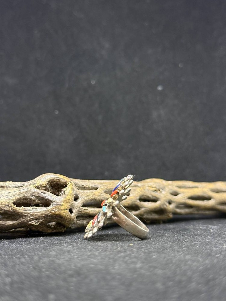 Native Zuni needlepoint multi color turquoise Sterling Silver Ring Size 8.5