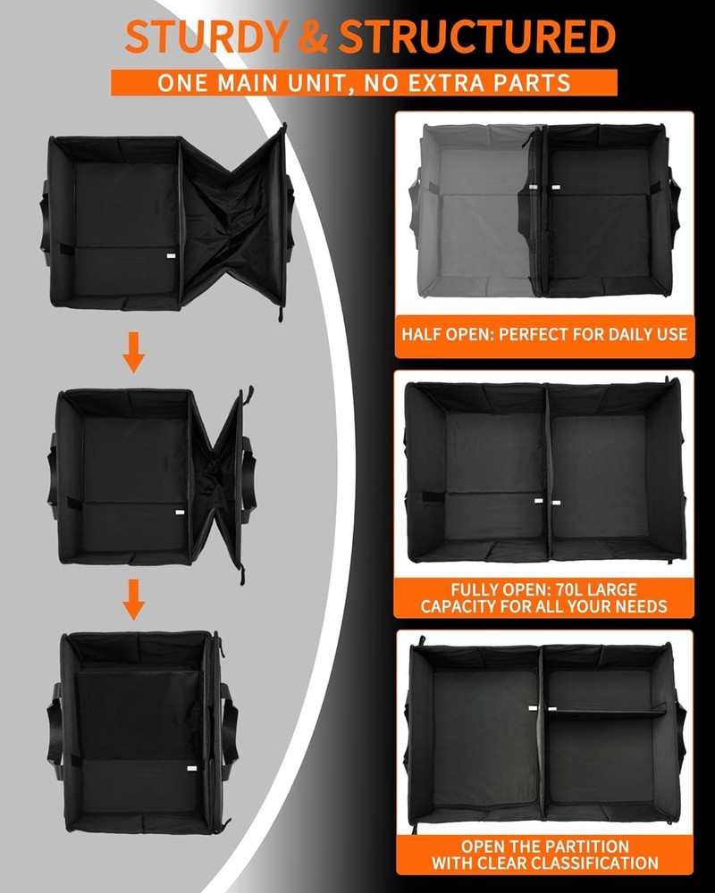 Black Leopard Collapsible Trunk Organizer - Spacious 3 Compartment Storage
